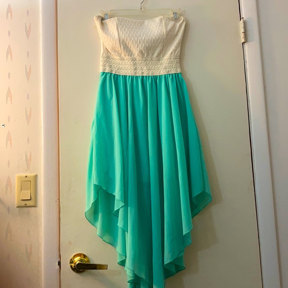 Teal Flowy strapless Dress